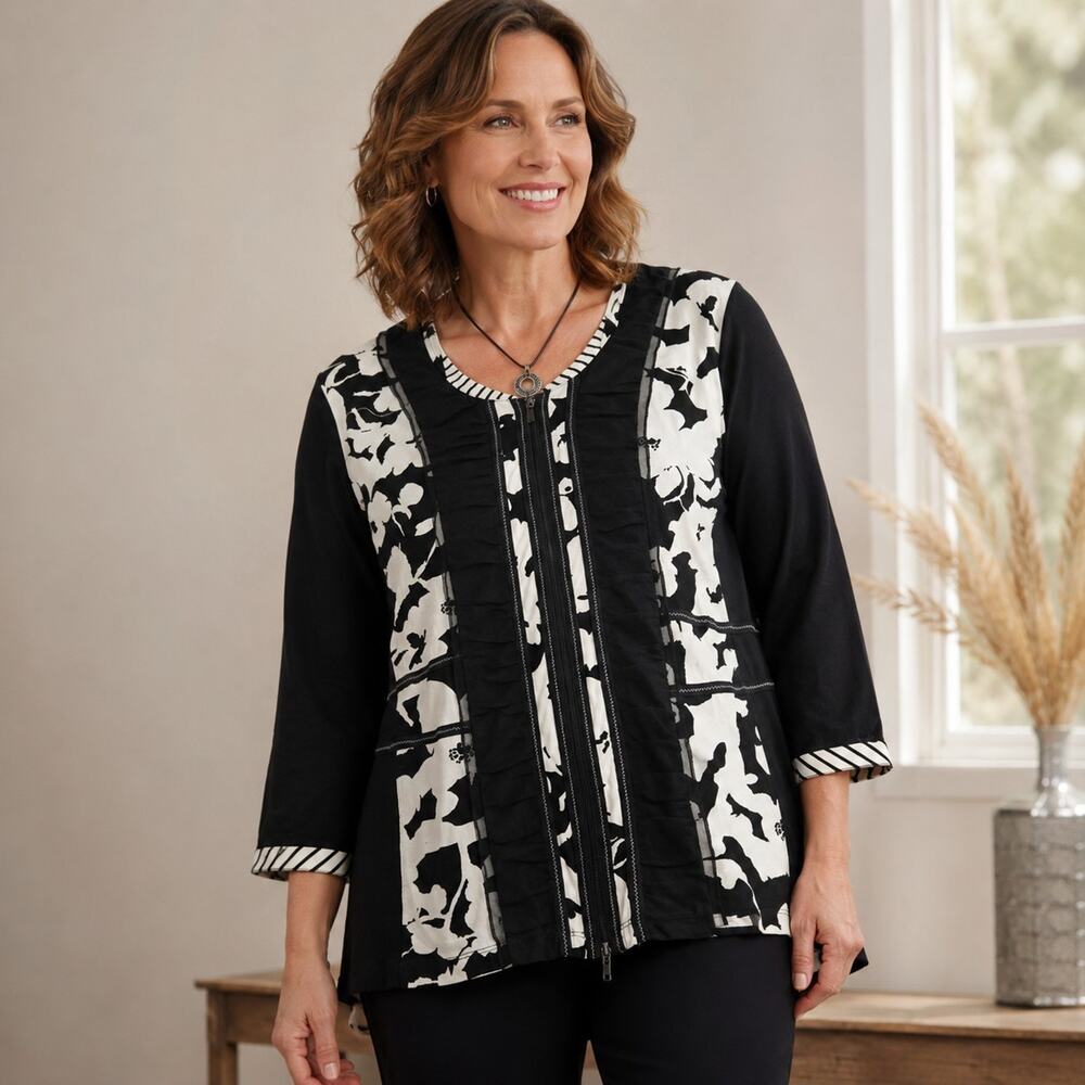 Gelco Womens XXL Black White Floral Zip Front Jacket Art to Wear Lagenlook Boho